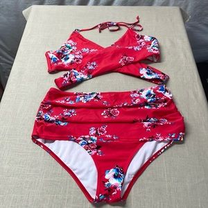 COCOSHIP Women's Ruching High Waist Bikini Set Cross Wrap Push Up Top Tie Back